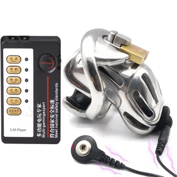 Male Electric Shock Stainless Steel Long Cage Chastity Device Metal Cock Penis Rings Ball Stretcher Lock BDSM Restraint Sex Toys