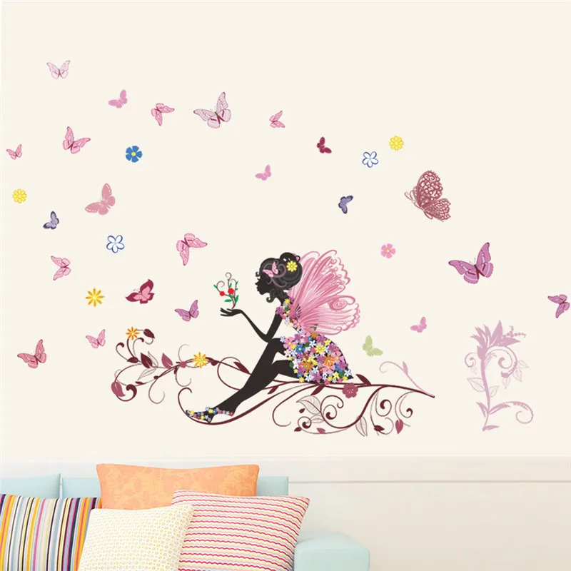 Бабочки, цветы, фея, наклейки на стену для детской комнаты, украшение на стену, спальня, гостиная, детская комната для девочек, наклейка, плакат, фреска