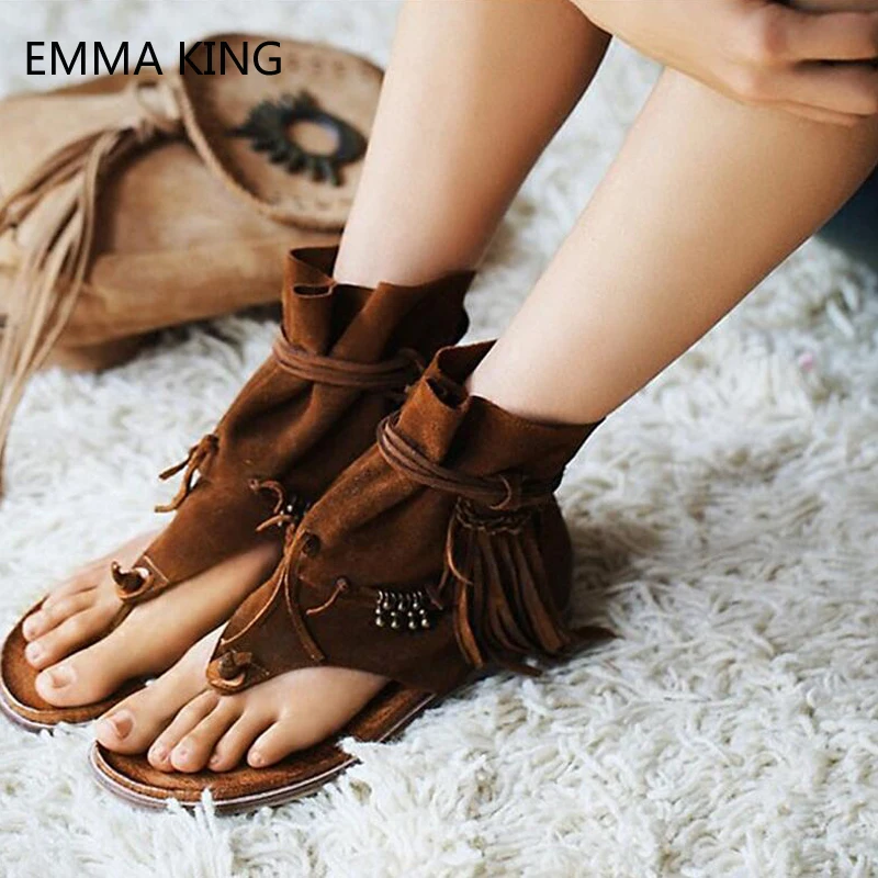

Roman Flat Sandals Women Fringe Flip Flops Lace Up Vintage Shoes Sandals Femme Herringbone Comfortable Spring Summer Shoes 2019