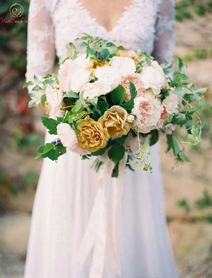 

White Chiffon 2019 Wedding Dress Custom V Neck V Back A Line Lace Top Full Sleeves Sweep Train Robe Femme Simple Bridal Gown