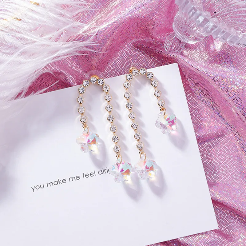 

Korean Shiny Rhinestone Chain Long Colorful Crystal Flower Earrings For Girls Women Elegant Statement Dangle Oorbellen