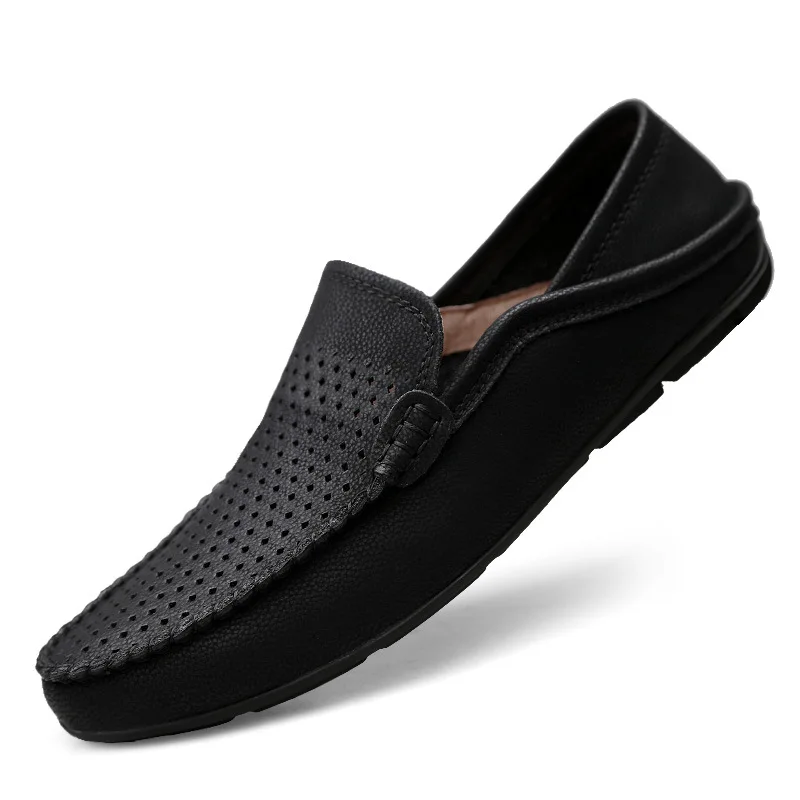 QFFAZ Men Casual Shoes Fashion Men Shoes Leather Men Loafers Moccasins Slip On Men's Flats Loafers Male Shoes - Цвет: Black Breathable