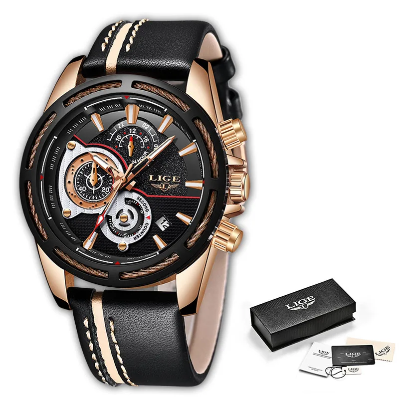 Rose gold black LIGE новые мужские часы Топ люксовый бренд мужские уникальные спортивные часы мужские кварцевые часы с датой водонепроницаемые наручные часы Relogio Masculino - Цвет: Rose gold black