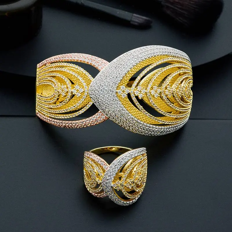 

ModemAngel Luxury Special Flower Leaf AAA Cubic Zirconia Engagement Party Gift Bracelets Bangle And Ring Set For Women