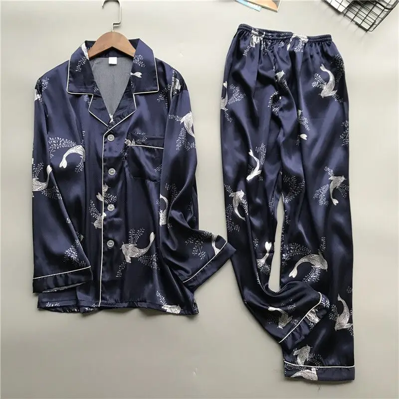 

New Summer Mens Stain Silk Pajama Set Pajamas Men Sleepwear Male Comfortable Pyjamas Long Sleeve Homewear Pijama For Sleeping