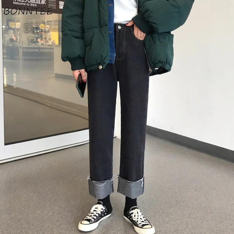 

Jeans Women Black Solid All Match Full Length Womens Korean Style Daily High Quality Straight Casual Hot Sale Famales Trousers