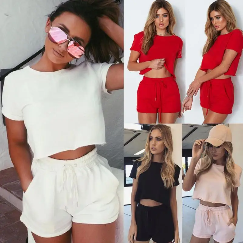 2 шт. Женская Повседневная набор Playsuit Excecise летние свободные укороченный топ
