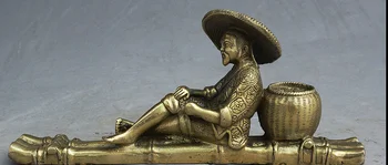 

zhmui880062834*<<+++8" Folk Chinese Brass old fisherman fishing boat fisher Flower Wealth Statue
