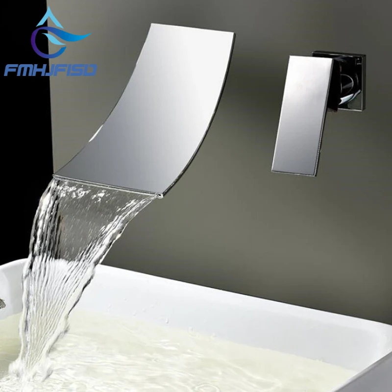 Free Shipping Wall Mounted Waterfall Bathroom Faucet Chrome Brass Spout Vanity Sink Mixer Tap