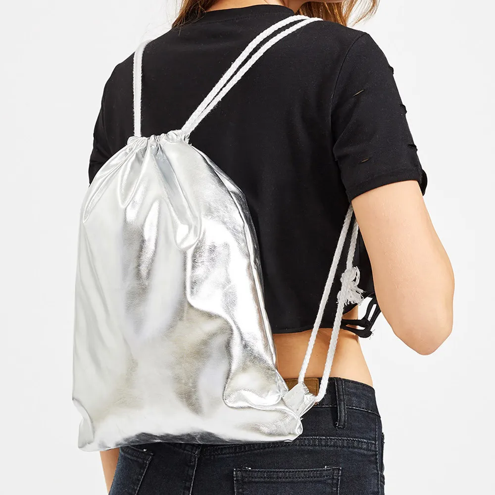 2018 кожаные женские сумки на шнурке для подростков, Серебряный однотонный рюкзак из искусственной кожи, хит продаж, модные уличные сумки на