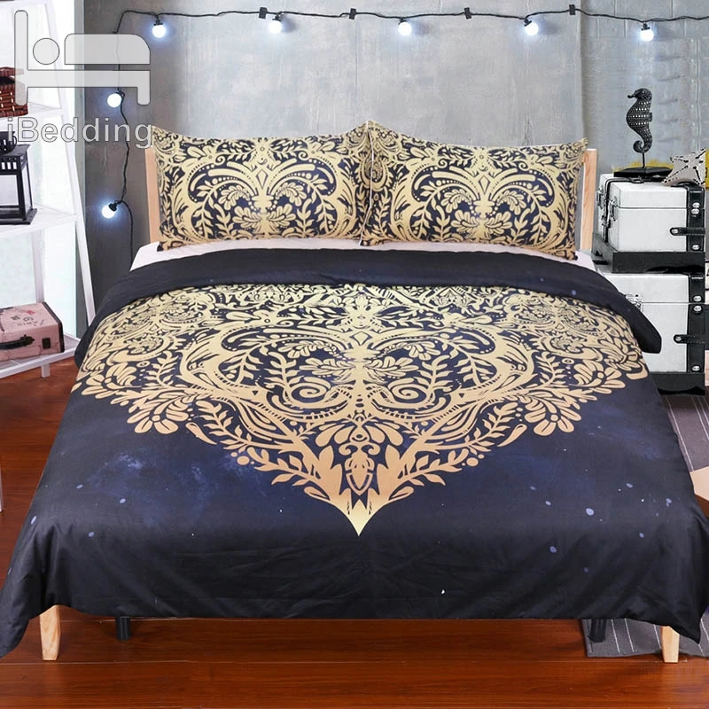 

3Pcs/Set Gold Pattern Print Queen Comforter Sets Bedding King Twin Size Luxury Bed Cover Duvet Cover Double Sheets Linen