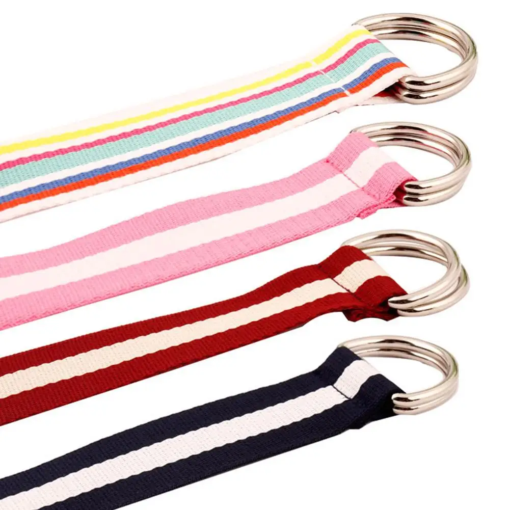 Dual D Ring Color Block Stripe Jeans Belt Canvas Strap Lady Decorative ...