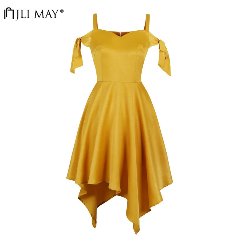

JLI MAY Off the shoulder Asymmetrical Dress Vintage Summer Party Elegant Women Clothes Short Sleeve Sundress Knee-Length Solid