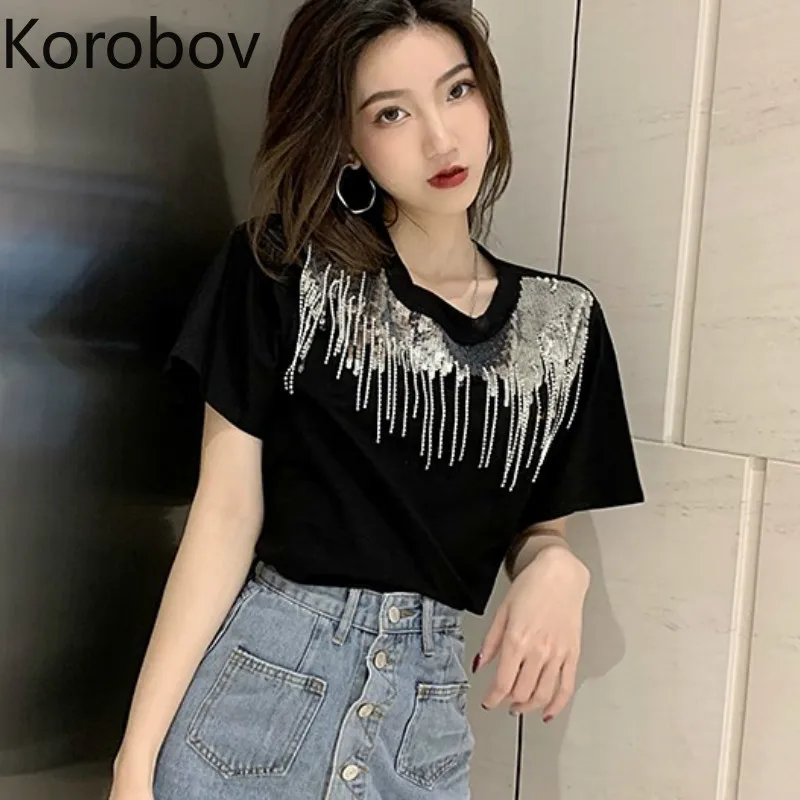 

Korobov 2019 Summer Streetwear Sequined Tassel Women T Shirt Casual Shiny Korean T Shirts O-Neck Short Sleeve T-Shirt 77314