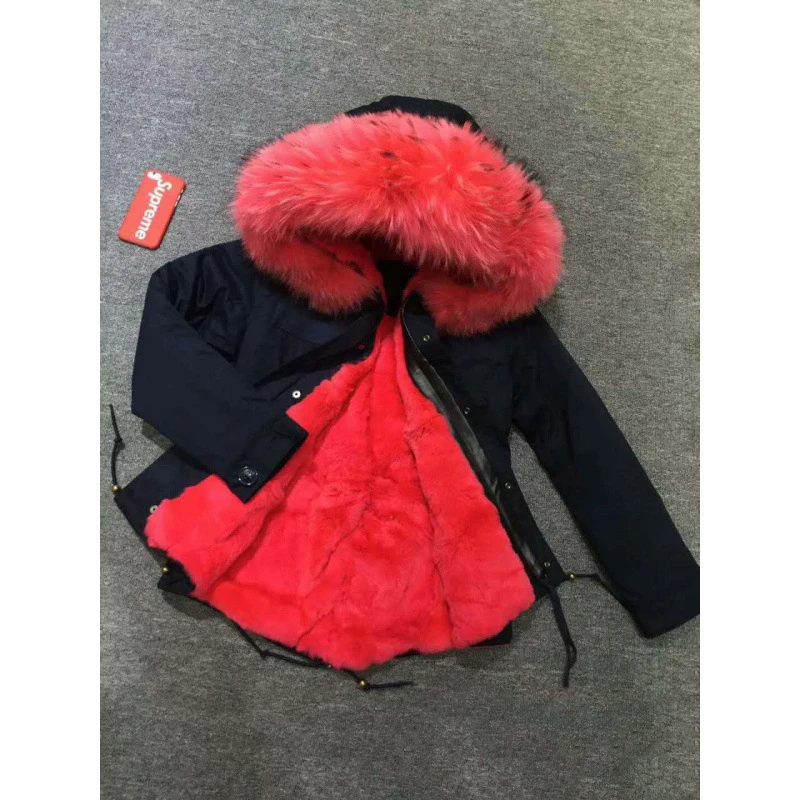 

JKP 2018 new outerwear Children's big real raccoon fur collar coats girl's faux fur and velvet padded red collar parkas CT-62
