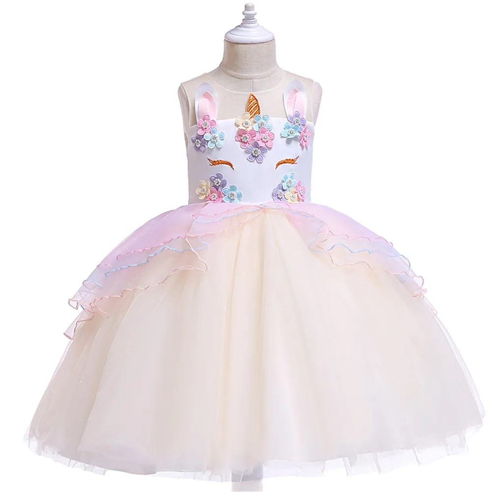 Костюм принцессы с единорогом для девочек; детское платье с кружевными цветами и единорогом; платья-пачки для рождественской и свадебной вечеринки