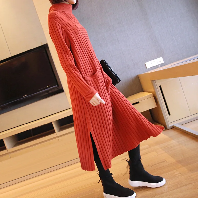 

LANMREM 2019 New Fashion Turtleneck Striped Vent Hemline Knit Clothing Female's Long Sleeve Hot Sale Dress Poceket Vestido YF962