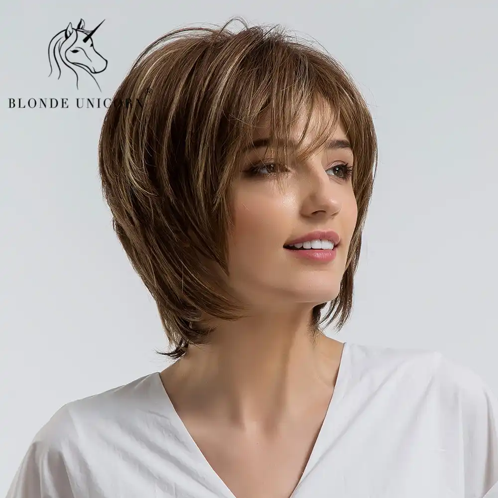 Blonde Unicorn Fluffy Natural Bangs Wigs Highlight 10 Inch Brown