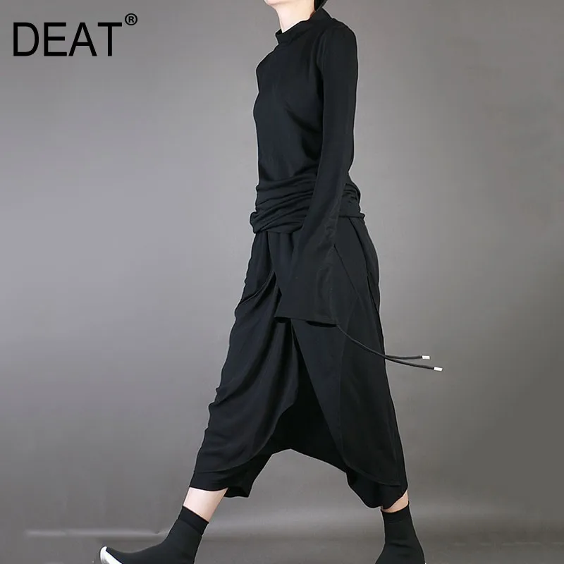 

[DEAT] 2019 New Autumn Winter High Elastic Waist Black Chiffon Spli Joint Irregular Harem Pants Women Trousers Fashion Tide JL91