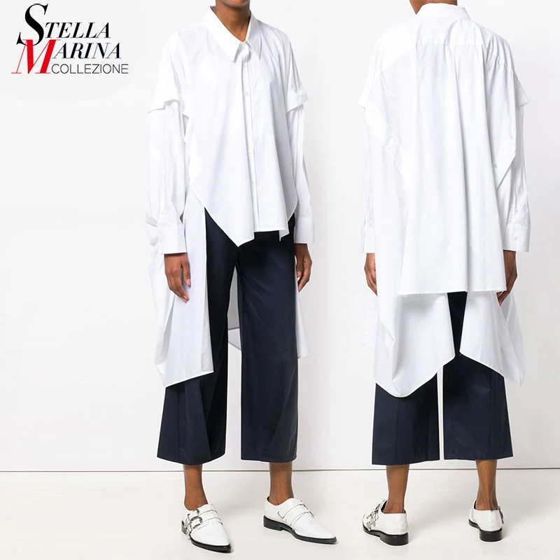 Achat Nouveau 2018 Style coréen À Manches Longues Solide Noir Blanc Asymétrique Chemisier Dames Fermetures À Glissière chemise Féminine nuisette femme 3665