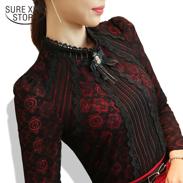 2016 Autumn Winter Fashion Lace Blouse Long Sleeve Slim Body Floral Lace Shirt Women Tops Elegant Plus Size Lace Top 801G 25