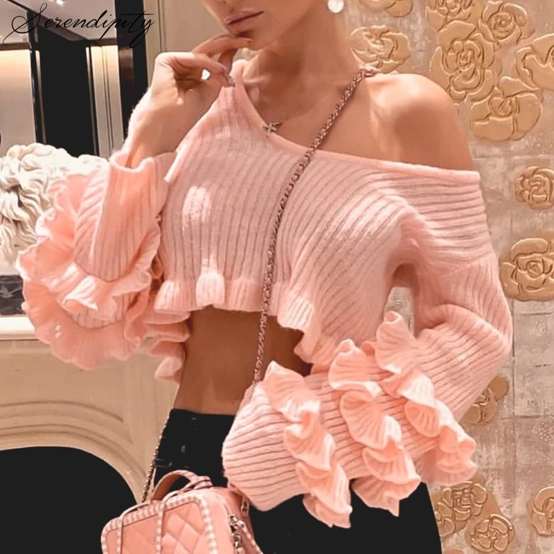 

SRDP Ruffle crop pink sweater women Striped solid fashion ladies pullover tops Streetwear elegant female long sleeve jumpers