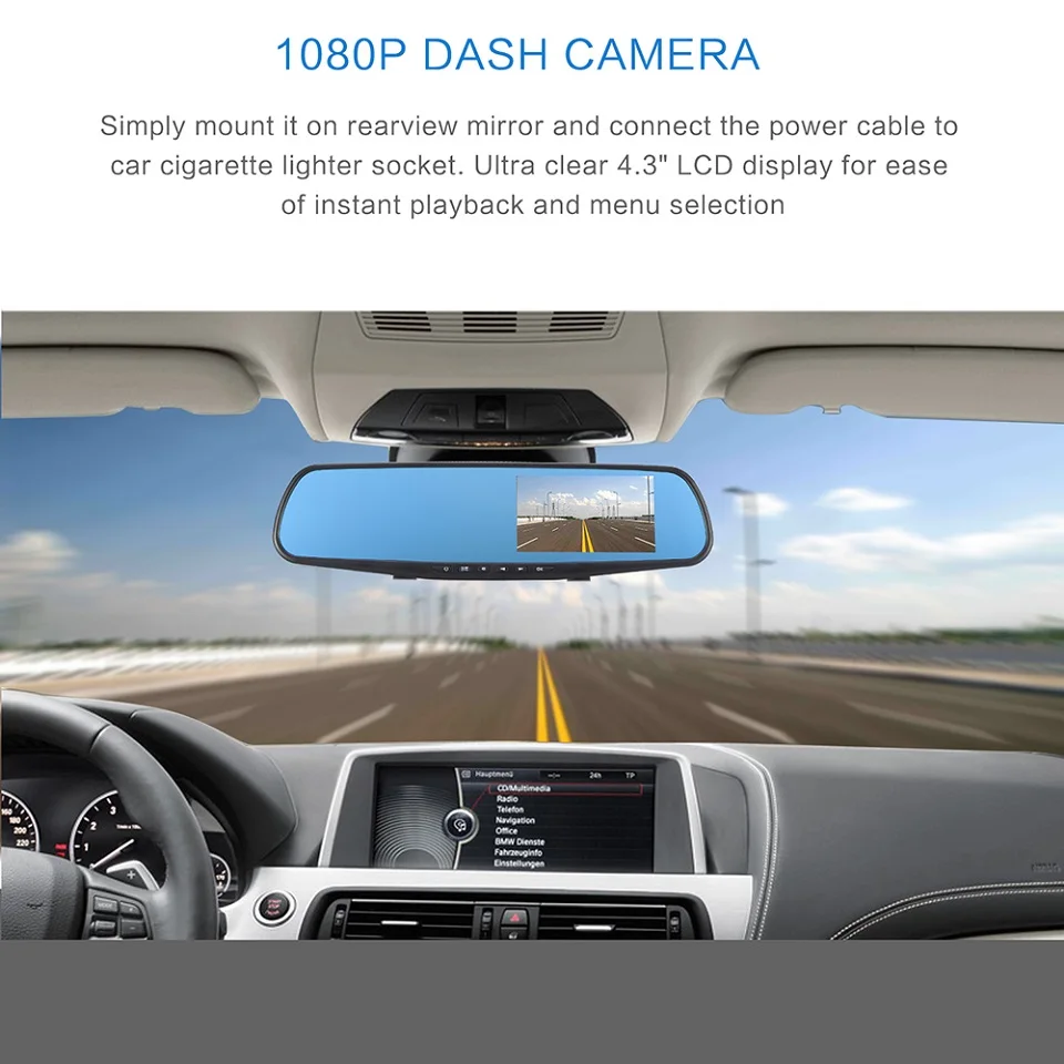 Full HD 1080P Автомобильный видеорегистратор Камера авто 4,3 дюймов зеркало заднего вида цифровой видеорегистратор двойной объектив регистрационная видеокамера dashcam