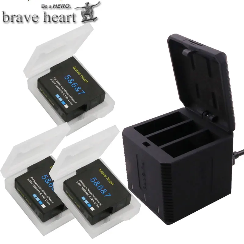 

3 port charger + Gopro hero 5 6 battery 1600mAh bateria hero5 battery pack for Gopro Go Pro Hero5 hero6 hero7 camera accessories