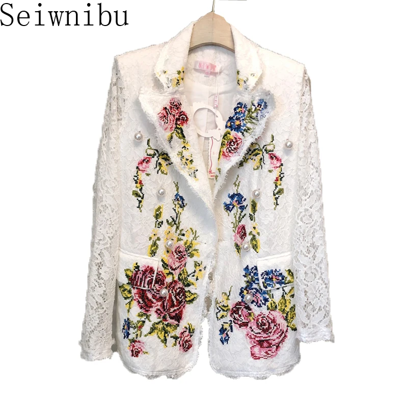 

Seiwnibu Luxruy Women Lace White Coat 2018 Summer Embroidery Floral Pearl Double-Breasted Long Sleeve Pocket Jackets Coat