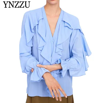 

YNZZU Ruffles Elegant Blue Blouse Women 2019 Spring Long Sleeve V Neck Loose Women Tops and Blouses Buttons Summer blusas YT570