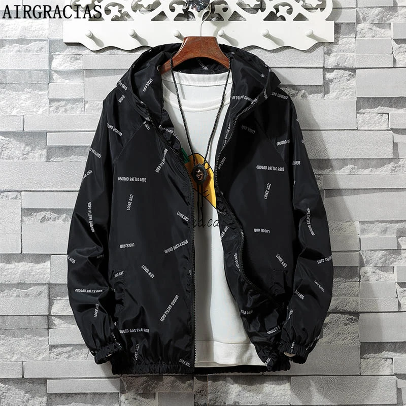 

AIRGRACIAS Quality Bomber Jacket Men Casual Autumn Print Outerwear Hooded Sportswear Mens Jackets for Male Coats S-4XL