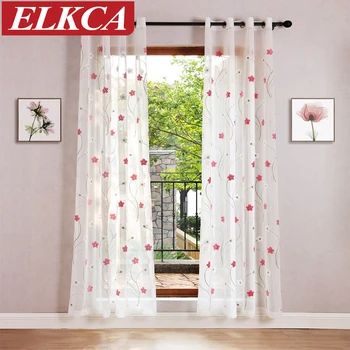

Korean Pink Flower Embroidered Voile Curtains Linen Feeling Sheer Curtains for Living Room Kitchen Bedroom Tulle Window Curtains