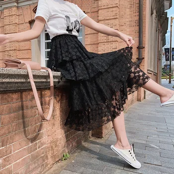 

Women Mid-length Mesh Skirts Summer Casual Elastic High Waist A-line Solid Skirt Multi-layer Pleated Tulle Lace Party Skirt