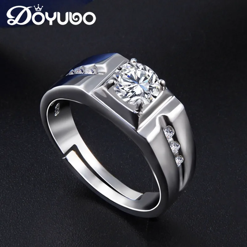 

DOYUBO Hot Sale Men's Pure Silver CZ Rings With 6.2mm White Cubic Zircon Adjustable Size Male S925 Silver Rings Jewelry VB268