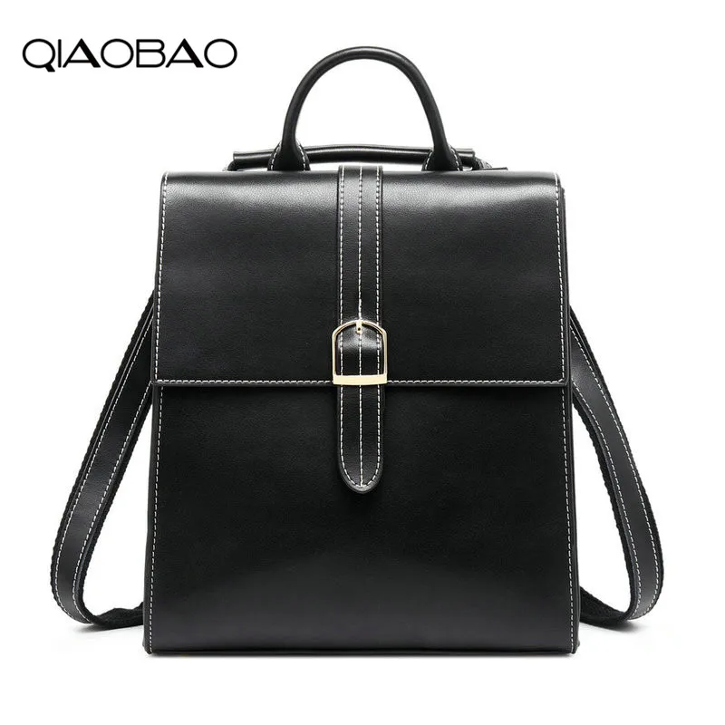 

QIAOBAO Simple Style Backpack Women Cow Leather Backpacks For Teenage Girls School Bags Fashion Vintage Solid Black Shoulder Bag