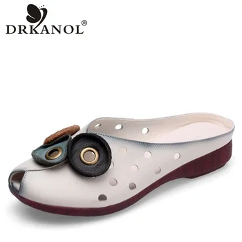 

DRKANOL 2019 New Genuine Leather Summer Slippers Women Flat Slides Retro Soft Bottom Fish Mouth Slip On Women Slippers Size 41