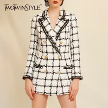 TWOTWINSTYLE клетчатая Женская Осенняя куртка с лацканами с длинным рукавом двубортный хит цвет пальто Женская мода винтажная одежда Новинка