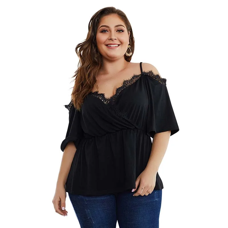 

2019 Summer Lace Tshirt Women Fat Plus Size T Shirts Ladies Sexy Off Shoulder T-shirts for Women Big Size Female Tops 4XL