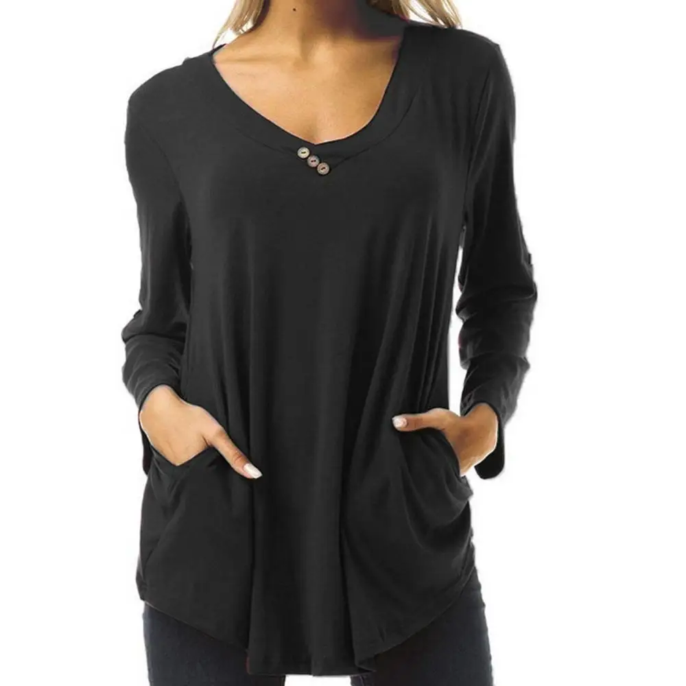

Plus Size S-8XL Women Long Sleeve Tops Solid Color V-neck Shirts with Pockets Front Button Pleated Blouses Loose Cotton T-shirts