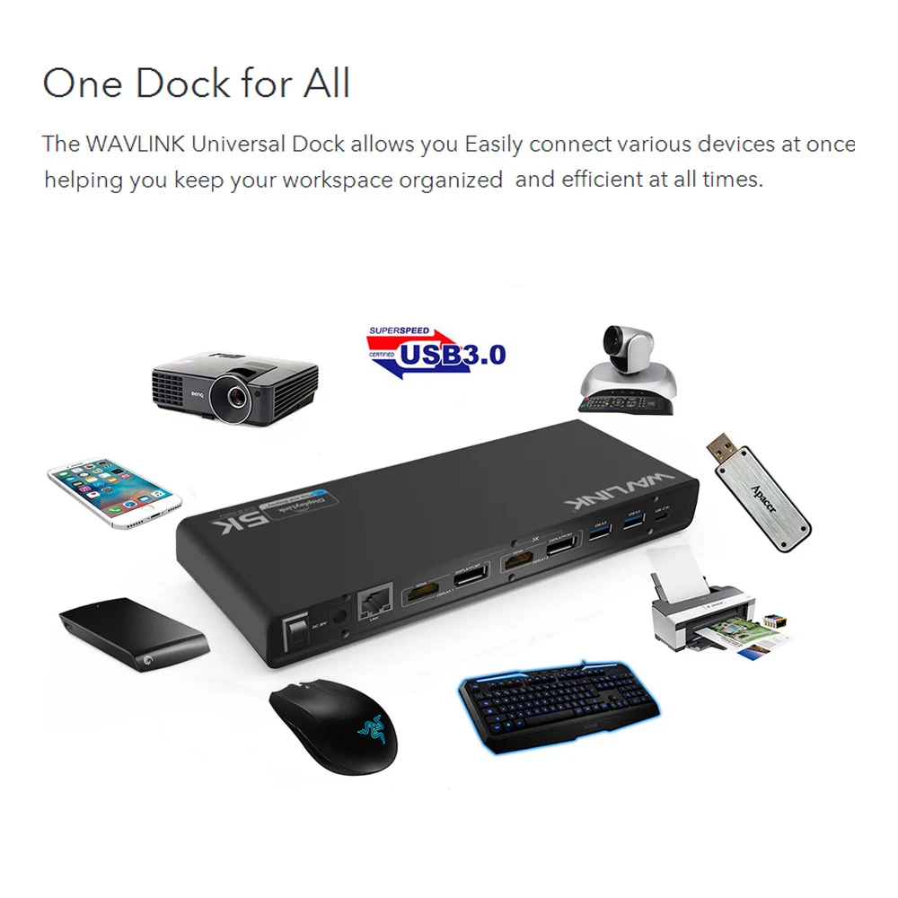 WAVLINK UNIVERSAL ULTRA 5K DOCKING STATION USB-C DUAL DISPLAY USB3.0 VIDEO AUDIO OUTPUT SUPPORT HDMI/DISPLAYPORT GIGABIT FOR MAC