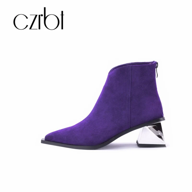 

czrbt 2018 women ankle boots kid suede slip on purple color pointed toe high heels autumn women chelsea boots