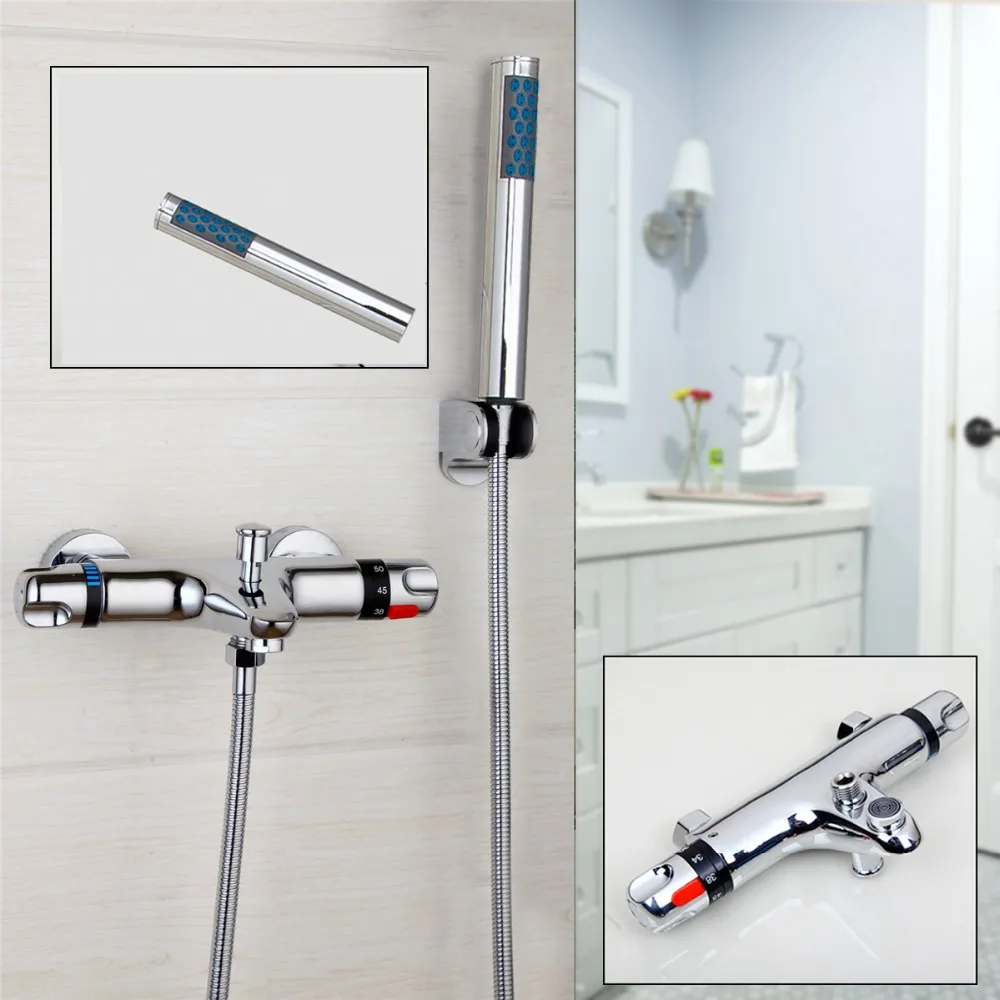 

Contemporary Auto-Thermostat Control Shower Faucet Chrome Polished Wall Mounted Hot Cold Water Mixer Bathroom Faucet