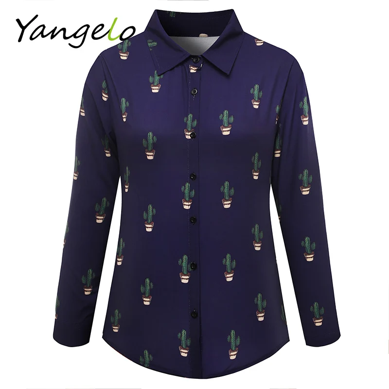 

summer women blouses Fashion Cactus Printing Long Sleeve Vintage Ladies Blouse Turn Down Collar Shirt Feminino