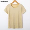 Женская Блестящая футболка с люрексом OUMENGKA, повседневная Однотонная футболка с круглым вырезом и короткими рукавами, эластичная, для лета, 2022 ► Фото 2/6
