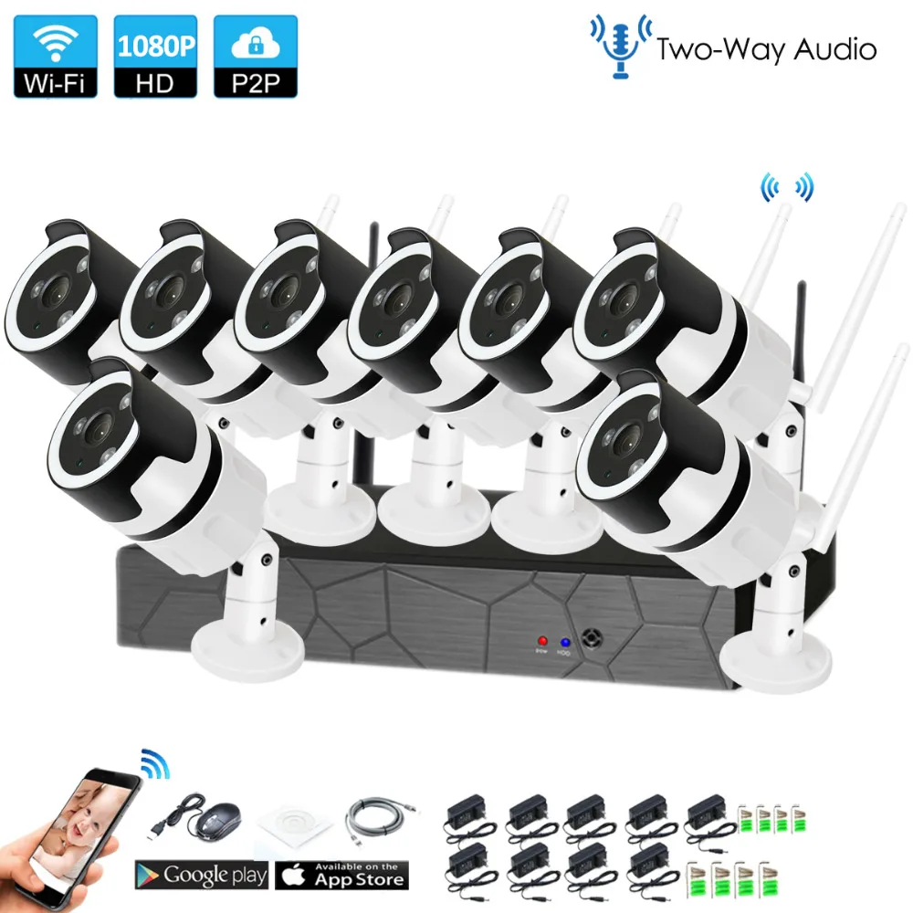 Koop 8CH twee manier audio talK HD Draadloze NVR Kit P2P 1080 p Indoor Outdoor IR Nachtzicht Beveiliging 2.0MP IP camera WIFI CCTV Systeem