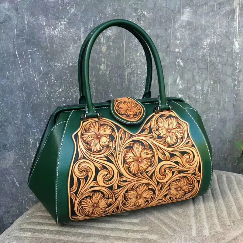 

Chinese Genuine Leather Carved Designer Lady Floral Pattern Purse Handmade Women's Large Top-handle Handbag Female Portable Bag