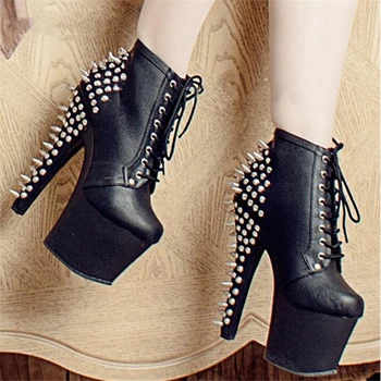 

BBZAI Four season Round Toe Rivets Lace-UP platform 17cm Thin Heels shoes Fashion Motorcycle Ankle Boots PUNK pumps botas mujer