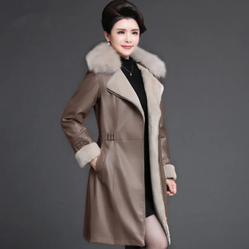 

Women Winter Leather Jackets Long Leather Coats Fur Collar Wool Padded PU Leather Plus Size 4XL Loose elegant Winter Coat 2019