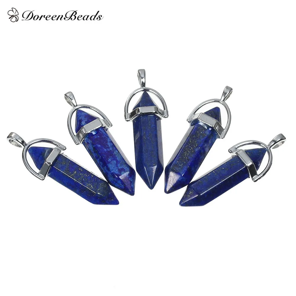 

Created Lapis Lazuli Chakra Pendants Pencil dull silver color Deep Blue 4.1x1.4cm(1 5/8" x 4/8")-3.7x1.3cm(1 4/8"x 4/8")