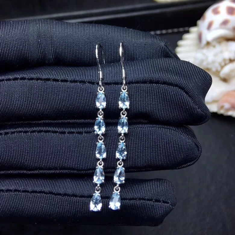 

Luxurious Lovely long Tassels S925 silver natural blue Aquamarine gem drop earrings natural gemstone women party gift jewelry